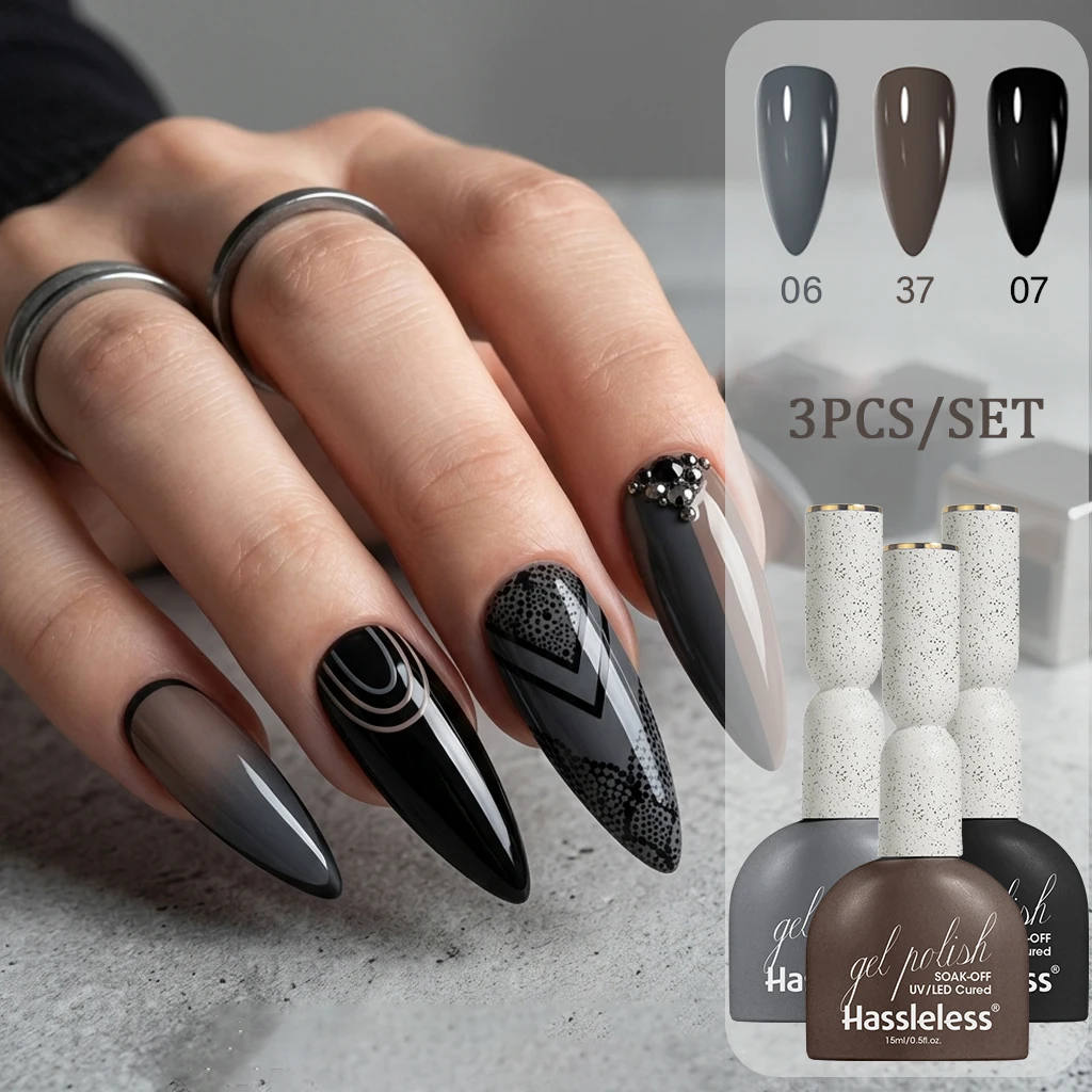 Hassleless 3Pcs Black Coffee Gray Gel Nail Polish Set Soak Off UV LED Gloss Gel for Gothic Gradient Lace Line Nail Art Salon DIY