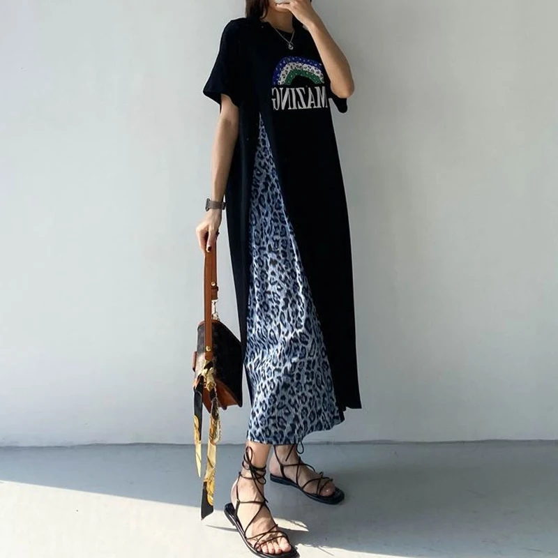 Robe t-shirt à manches courtes et col rond pour femmes, robes décontractées Y2K, patchwork léopard, impression Asells, mode estivale, nouveau