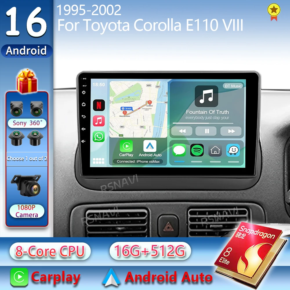 Radio para Auto con Android 16 y Carplay para Toyota Corolla E110 VIII 1995-2002, 4G+WIFI, GPS, Navegación, Reproductor Multimedia de Video, Sin DVD 2din