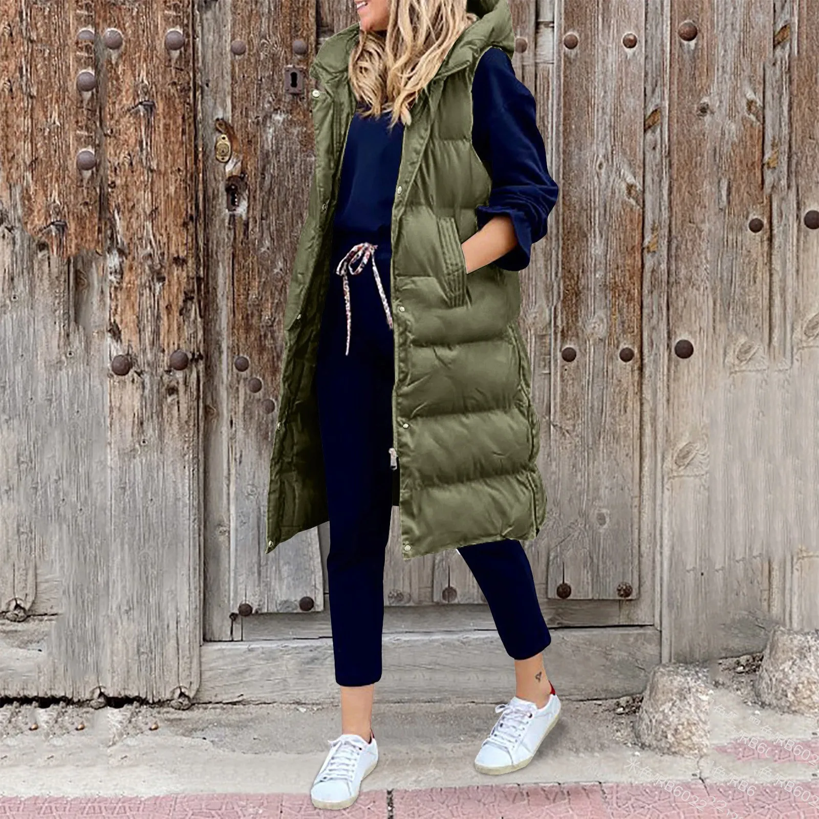 Women Solid Color Hooded Long Coat 2023 Autumn Winter Vest Long Parkas Women Loose and Warm Single-Brewed Zip Sleeveless Parkas