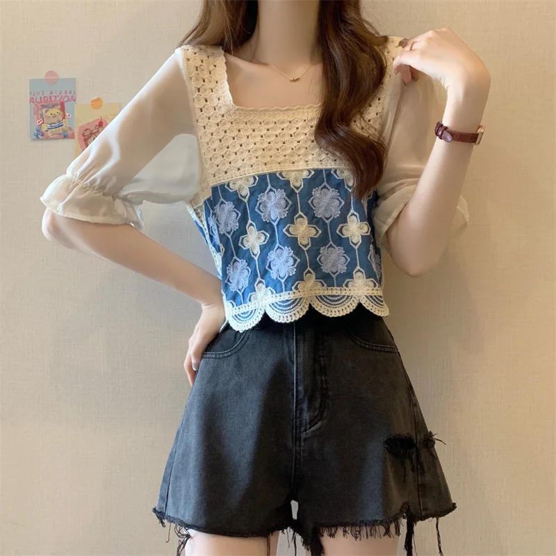 Women Crochet Knit Top with Chiffon Half Sleeve Square Neck Embroidery Floral Blouse Spring Summer Fairycore Outfit