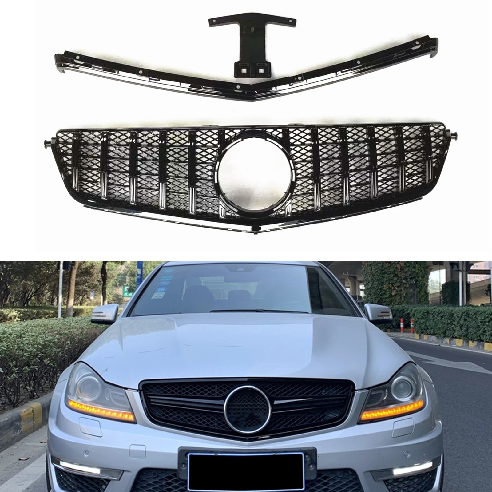 Front Grille Grill With Frame Bracket Car Upper Bumper Hood Mesh Grid For Mercedes Benz C63 AMG 2012-2014 GT