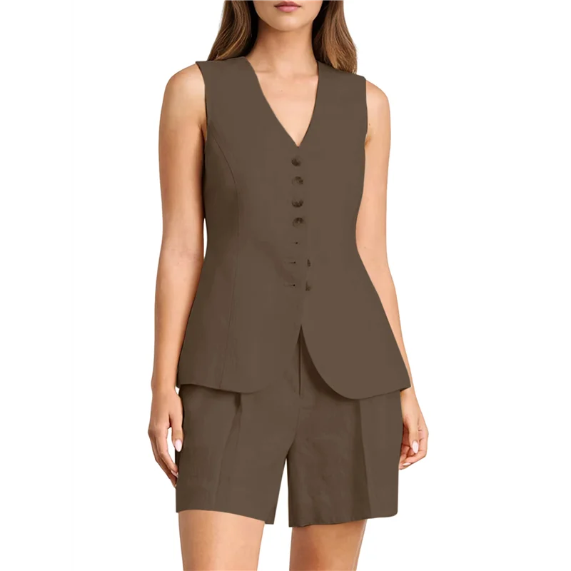 ชุดเสื้อกั๊กและกางเกงขาสั้นผ้าฝ้ายลินินสำหรับผู้หญิง คอกลม แขนกุด ทรงเข้ารูป เหมาะสำหรับใส่ทำงานหรือลำลองในฤดูร้อน