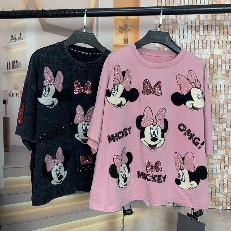 

Trendy Brand New Fashion Heavy Craft Cartoon Head Tees Beautiful Cartoon Age-Reducing Loose Short Sleeved T-shirts Top For Women