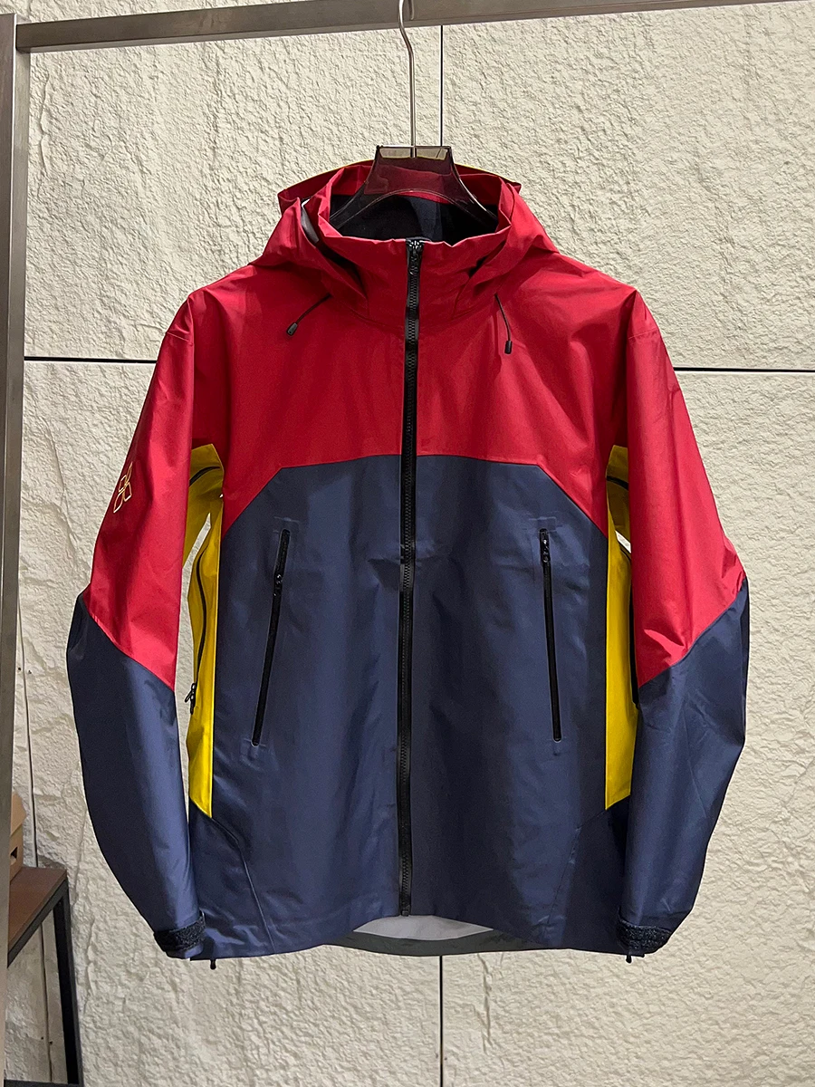 

Fen Brand Men's Hard Waterproof Spring Jacket Hooded Color Block Windproof Outdoor Casual Style Zipper Closure Coat