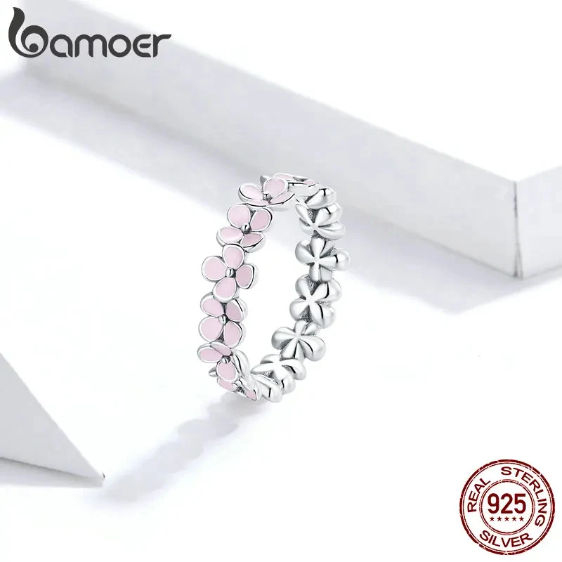 BAMOER S925 Sterling Silver Pink Wreath Finger Ring for Women Birthday Valentine's Day Gift Sweet Romatic Fine Jewelry 3 Colors