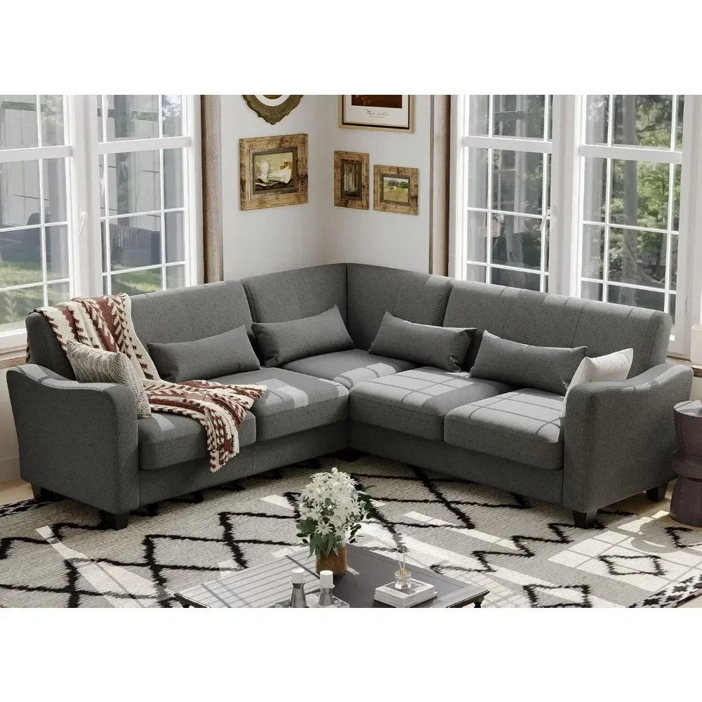 Fabric L Shaped Sofa Small Sectional Couch with Chaise Solid Corner Sofa Small L Couches 5 Seater Sofa Light Grey