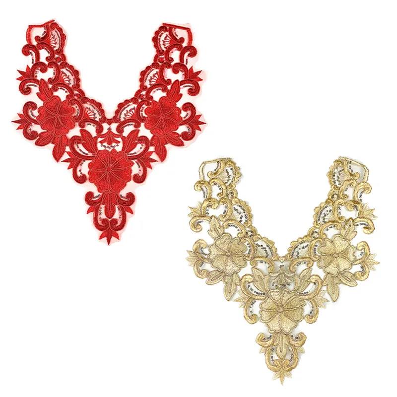CHICKNIT 10 Stück 35x30cm Pailletten-Stickerei venezianischer Spitzenkragen rot gold DIY Neues Tanzkleid Partykleidung Accessoire CC05 – Detail 1