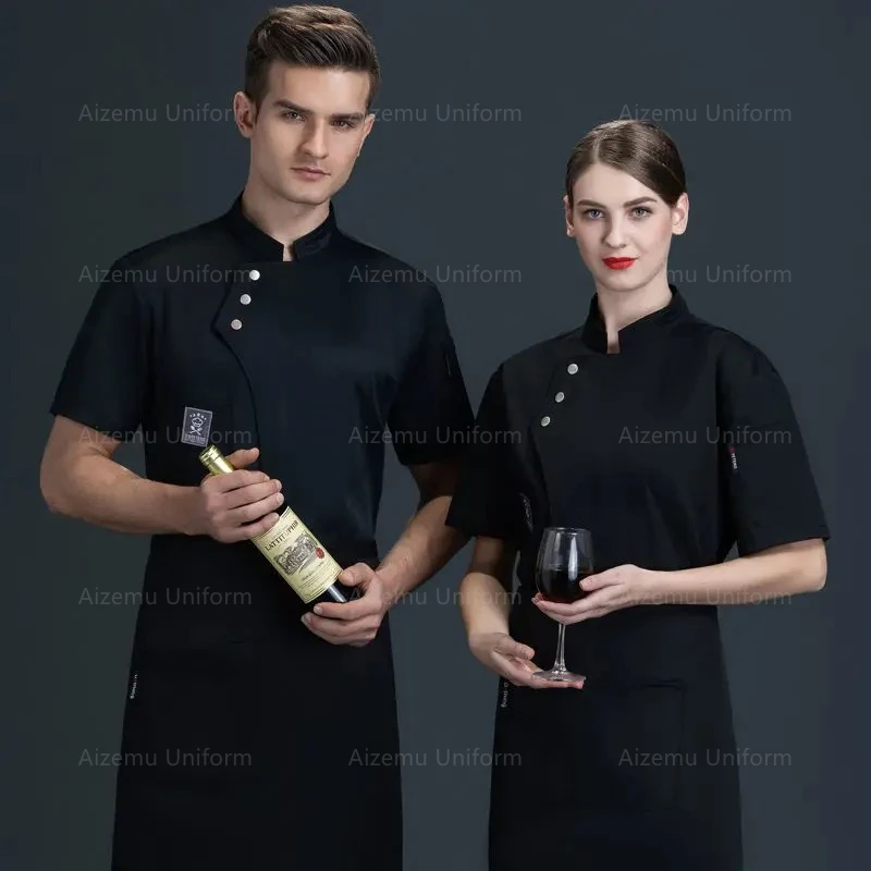 

Летний комплект шеф-повара с короткими рукавами, ресторан, отель, кухня, спецодежда, мужская черная дышащая кухонная куртка шеф-повара, фартук для кейтеринга, женский