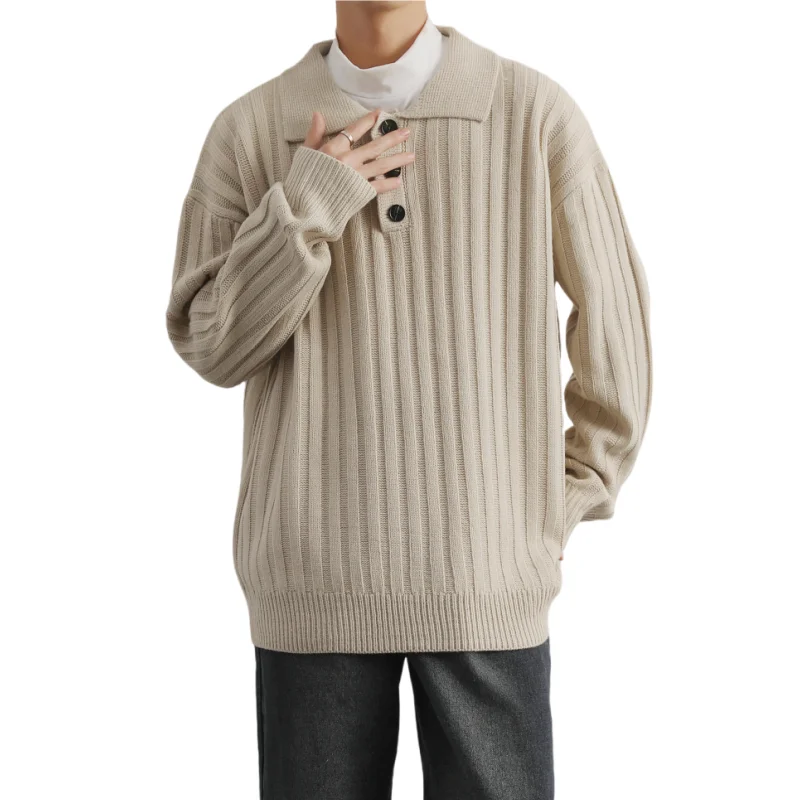 

Зимняя модная мужская универсальная повседневная модная рубашка поло с длинными рукавами и воротником, свитер, теплый вязаный пуловер в стиле ретро, свитер