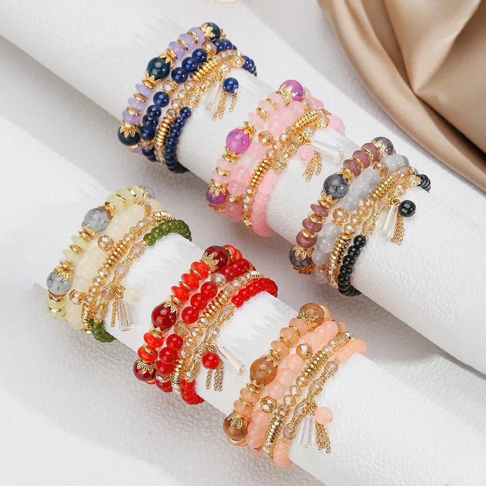Jewelry fashion European and American retro style crystal glass beaded 4-piece bracelet multi-layered diamond beaded bracelet