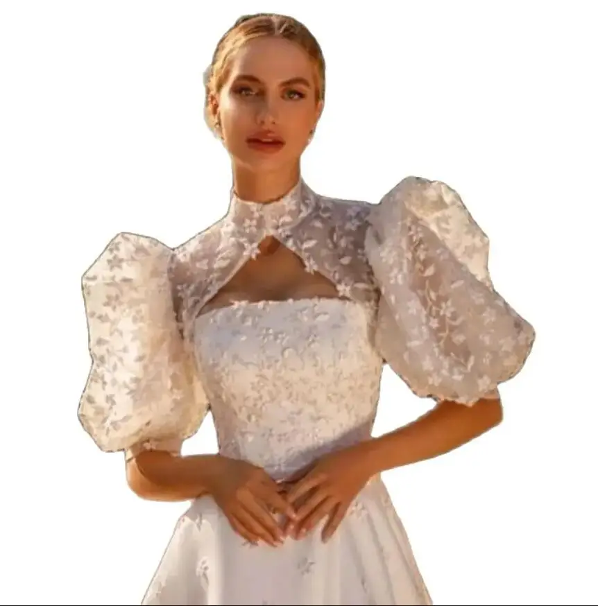 High Neck Wedding Jacket Lace Bridal Wrap Bolero Short Fluffy Sleeve Weddng Coat Top Customized