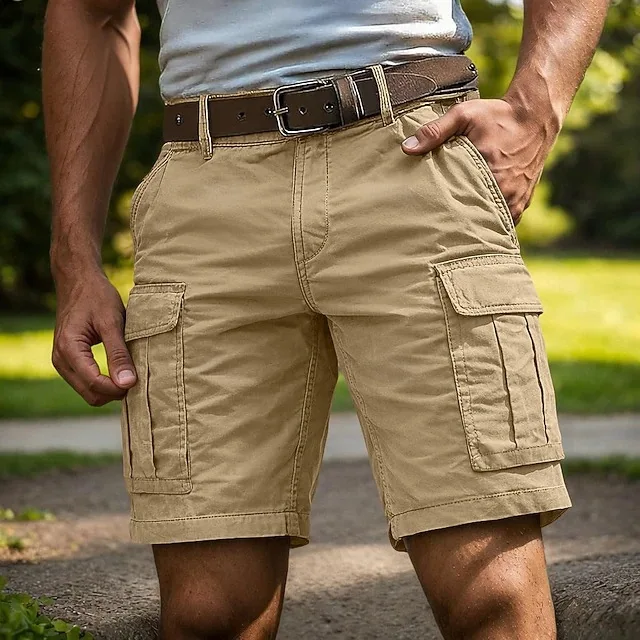 Klassische Cargo-Shorts für Herren, mehrere Taschen, gerades Bein, einfarbig, lässige Arbeitsshorts, Outdoor-Wanderhose, knielang, für den täglichen Gebrauch. – Detail 3