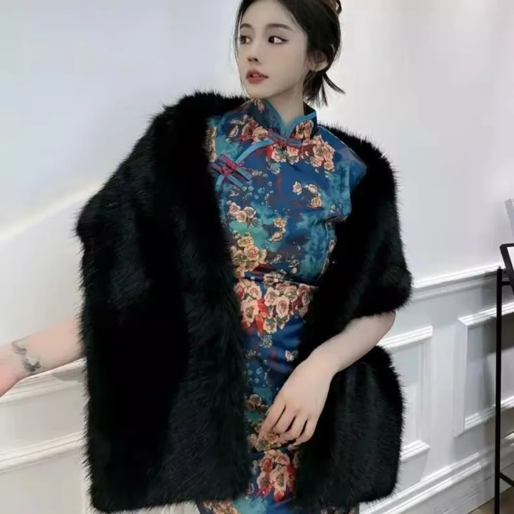 

Fashion Faux Fur Cross Scarf Soft Winter Warm Long Ponchos Cape Thicken Windproof Evening Dress Scarf