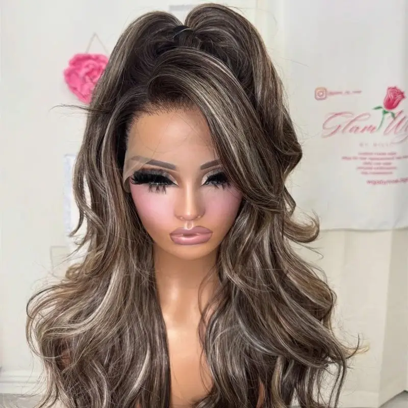 Glueless Hairline Ombre Ash Brown Highlights Synthetic Lace Front Wig Original Factory Cheap Wigs Party Daily Cosplay Wig 26''