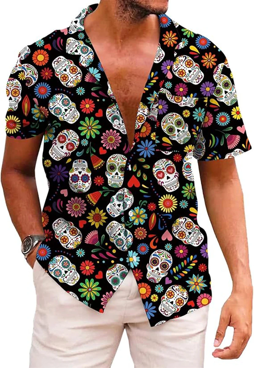 Men's Simple Casual Beachwear 3D Printed Shirt Street Casual Party Breathable Lapel Button Hawaiian Short-sleeved Shirt for Men