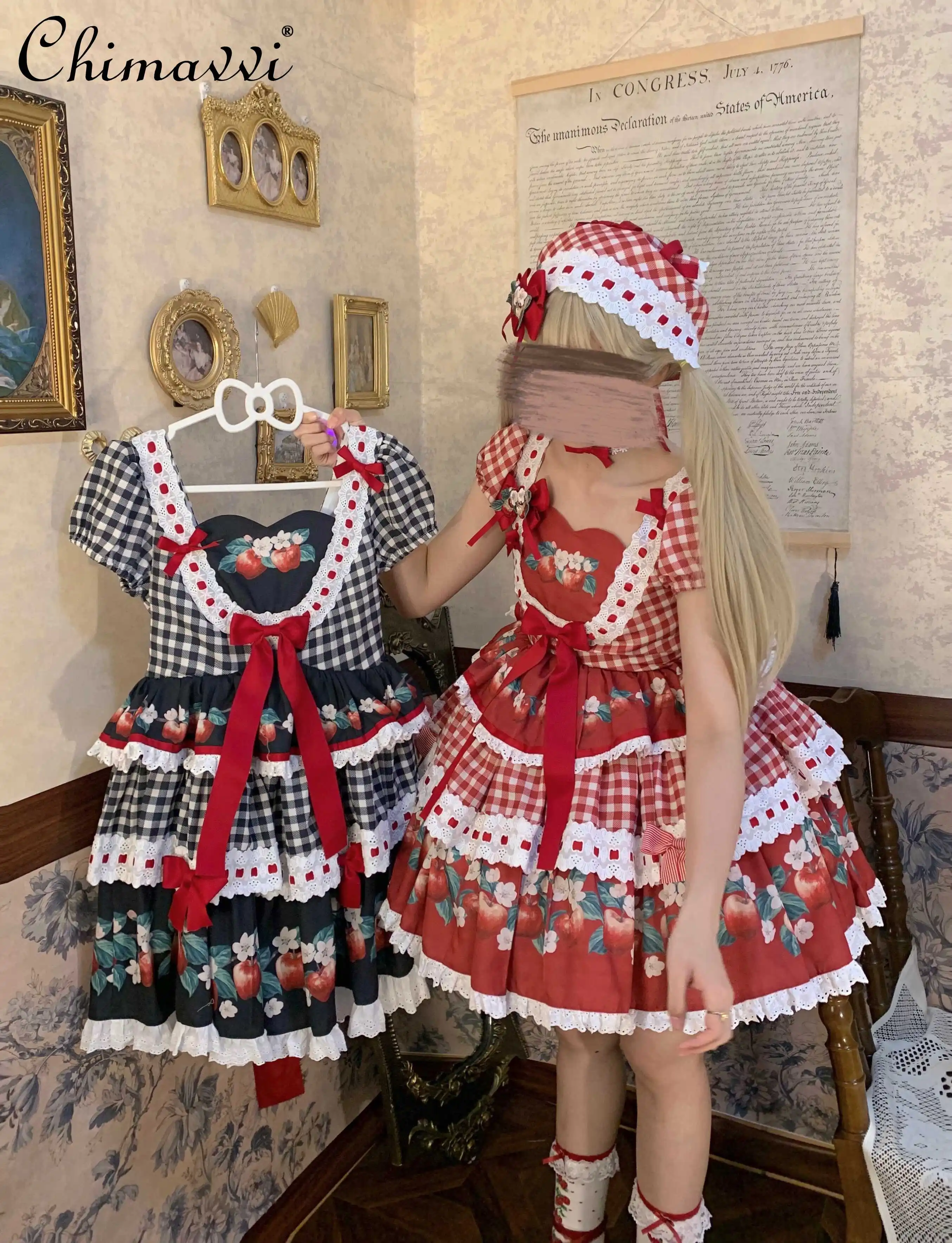 

Lolita Three-stage Sweet and Cute Princess Dress New 2024 Autumn Daily Bow Print High Waist Temperament Above Knee Op Dresses