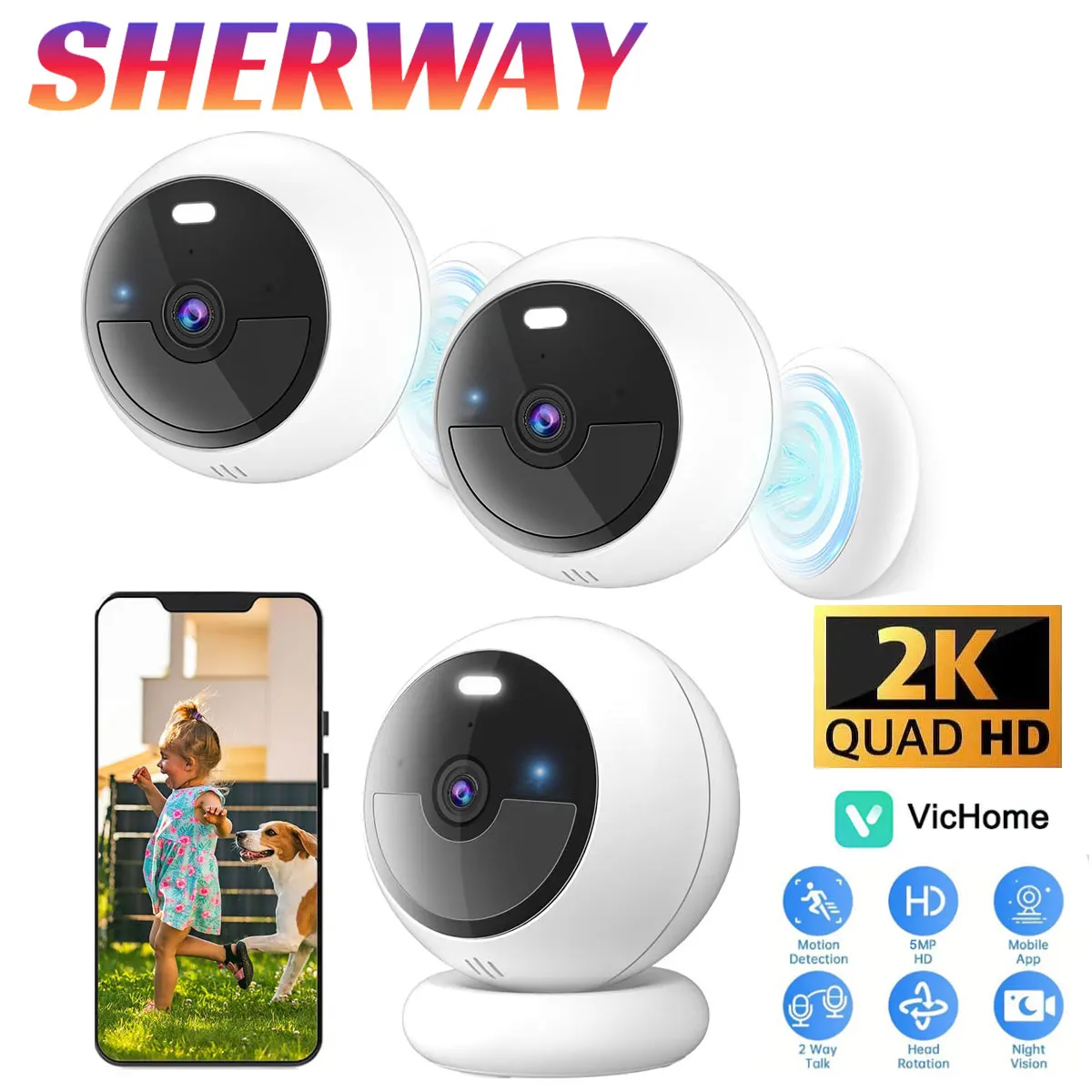 2K Magnetic Security Camera Wifi Outdoor & Indoor Wireless HD 5MP Battery Powered Camera AI Motion Detection Video Surveillance