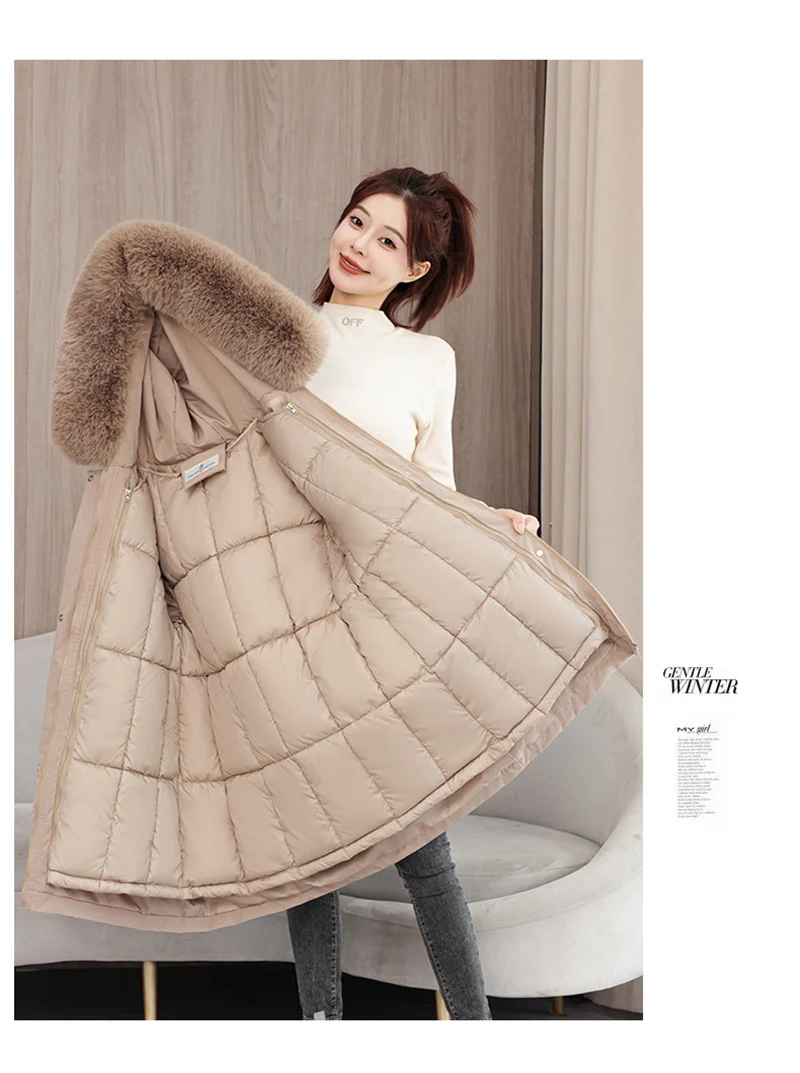 2026 New Winter Coat Down Padded Jacket Women Parkas Fur Collar Thick Hooded Cotton Coats Black Casual Outerwear Female Clothes