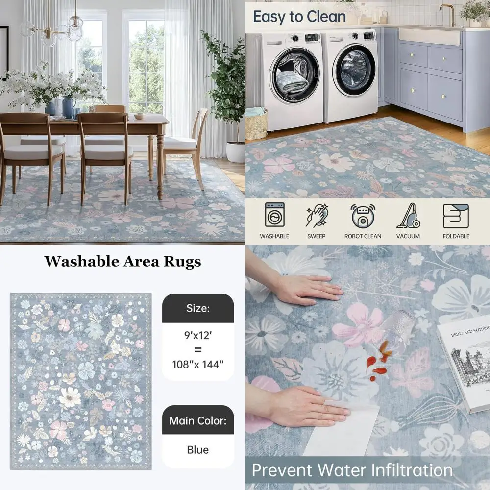 

Синие коврики в винтажном стиле в стиле бохо, 9x12, моющиеся и устойчивые к пятнам, подходят для гостиной, спальни, столовой и игр