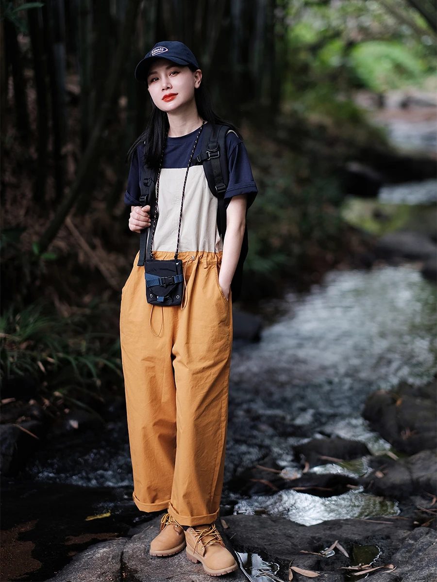 

Une Eau Bleue Women's Workwear Cargo Overalls Casual Outdoor Leisure Pants Cotton l Waist ket Design Summer 2024