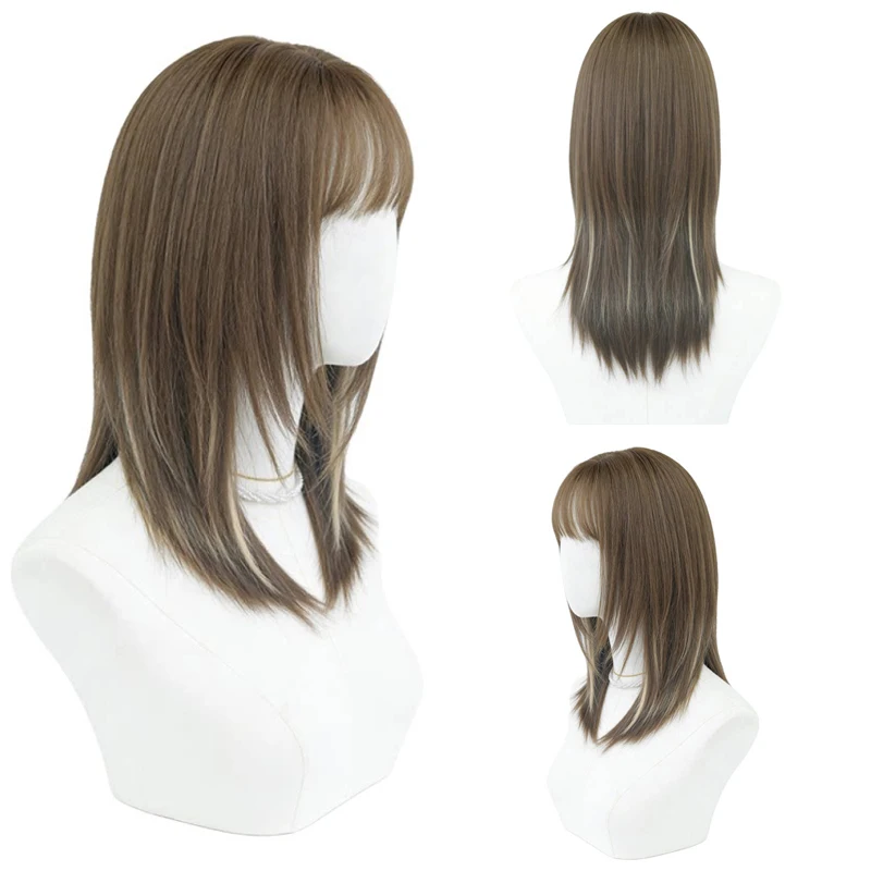 Ash Brown Blonde Highlight Medium Long Layered Straight Wig with Air Bangs For Women Heat Resistant Synthetic Wig Daily Party