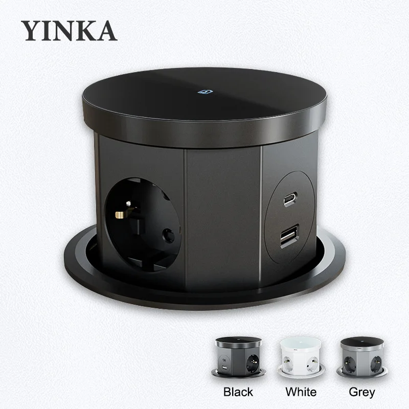 YINKA ポップアップテーブルソケットリフティングソケット、USB Type-C コンセント、EU ソケット、15W ワイヤレス充電、デスクトップ隠しリフティングソケット