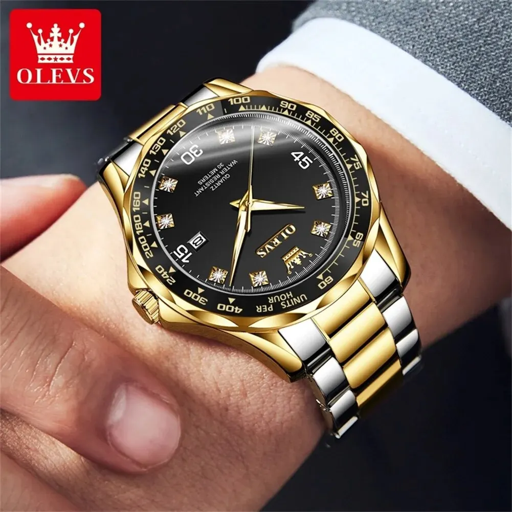 OLEVS Original Quartz Watch for Men Stainless Steel Waterproof Anti-scratch Calendar Wristwatches Luxury Diamond Scale Man Watch