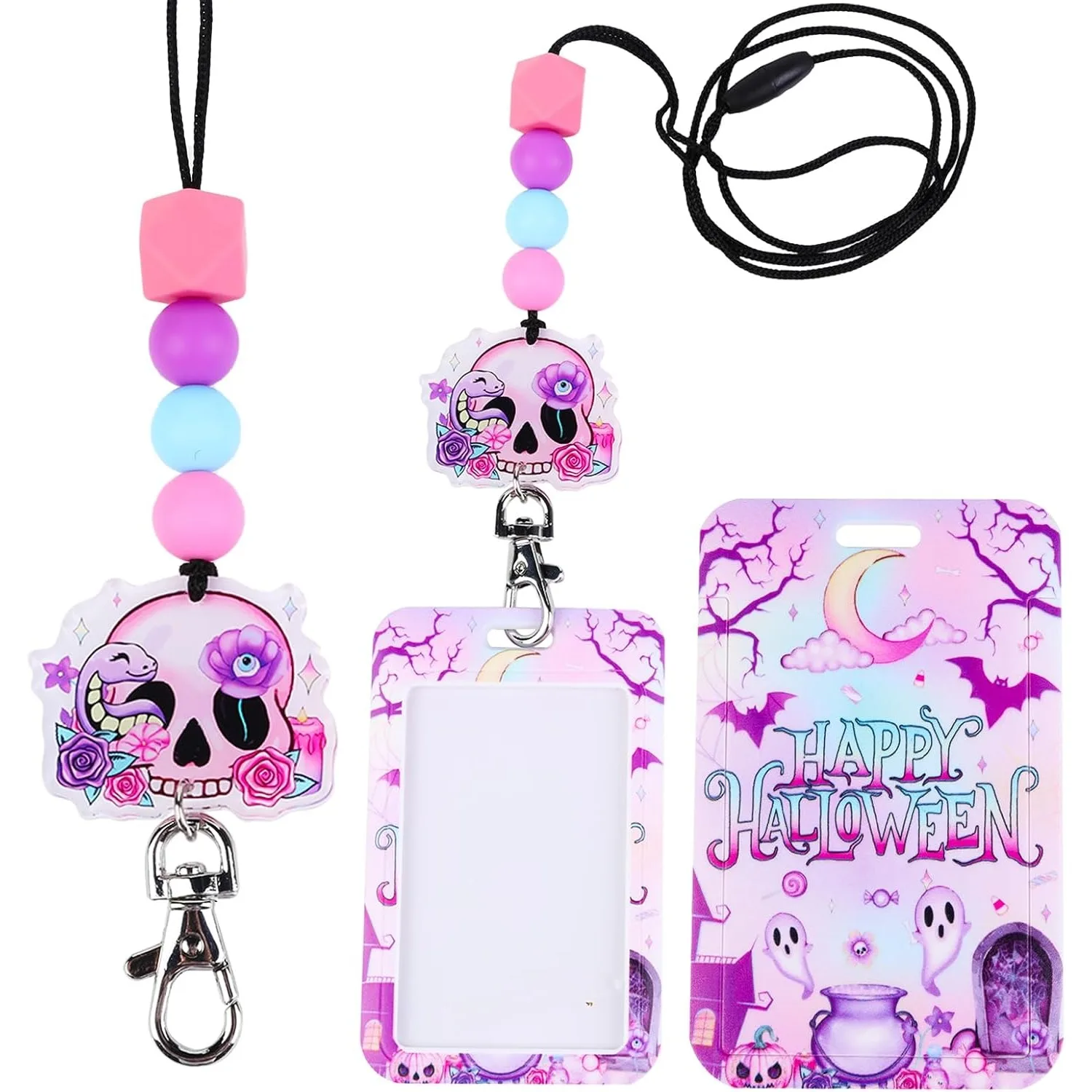 Funmemoir Lanyards for Id Badges Pastel Purple, Halloween Gothic Theme Name Badges Holder Keychain Teacher Nurse Office Gifts