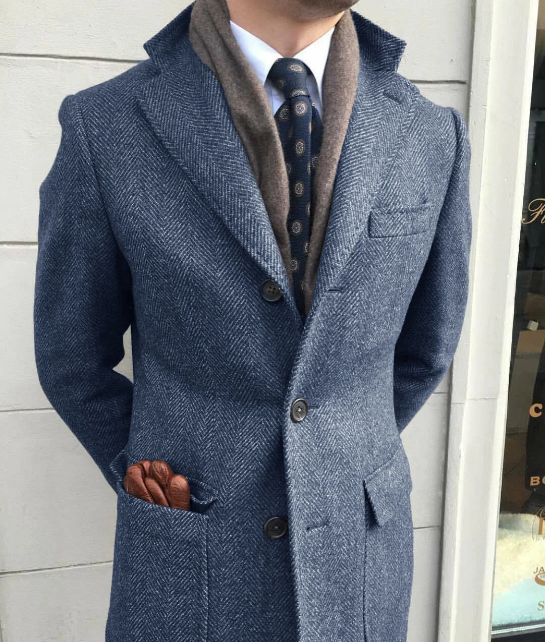 Men\'s Windbreaker Classic Herringbone Tweed Wool Blend Suit Jacket Winter Warm Long Coat Outdoor Sports Coat erkek mont