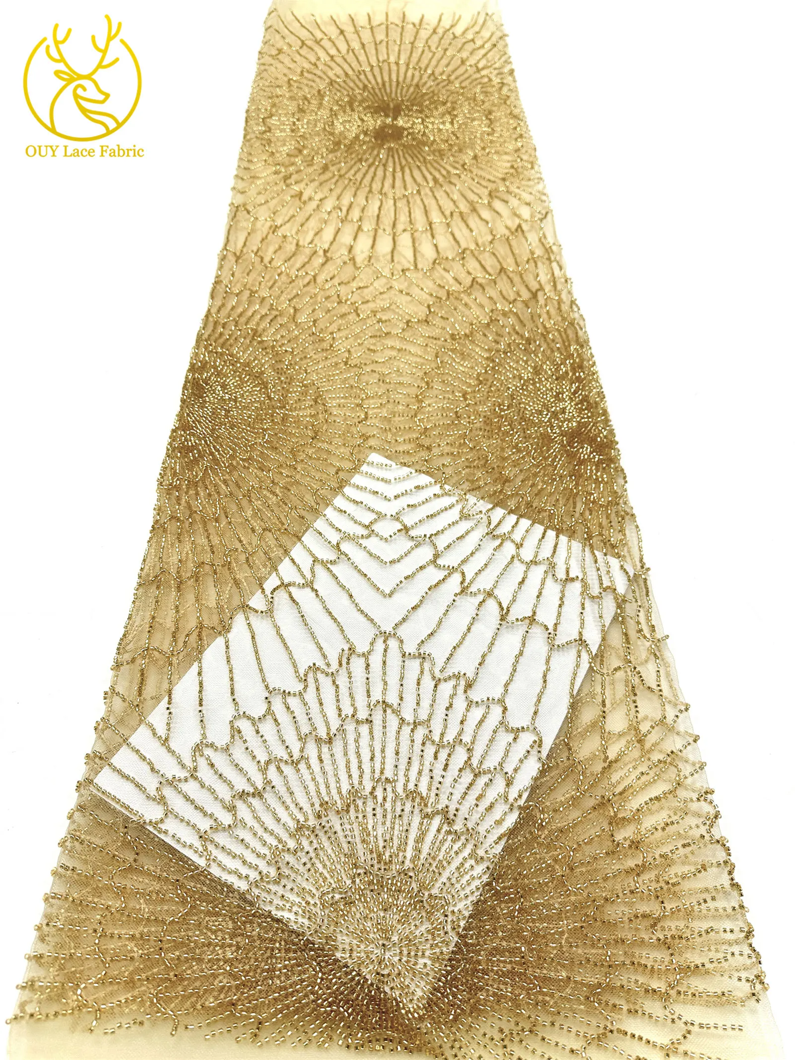 Luxuriöser afrikanischer, stark perlenbesetzter Spitzenstoff, goldene nigerianische Perlen-Spitze, französischer Tüll-Spitzenstoff für Brautkleider und Hochzeitskleider zum Nähen – Detail 19