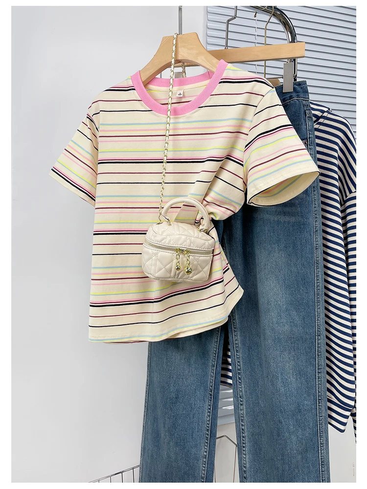 Casual Loose Women's T-shirt Short Sleeve round Neck Striped Soft Style Atmosphere Feeling Summer Cotton Polyester Blend