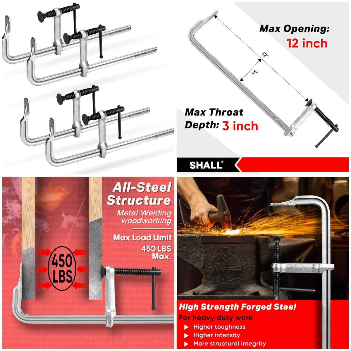 

4-Pack 12-Inch Light-Duty Steel Bar Clamps, 450Lbs Max Load for Woodworking, Welding, DIY