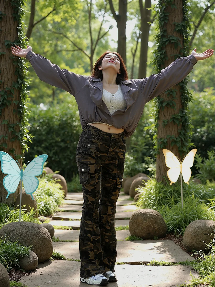 

Camouflage Slim Skinny Floor Jeans Womens Embroidered High Waist Patchwork Blue Flared Leg Fit Pleated Pocketed Streetwear