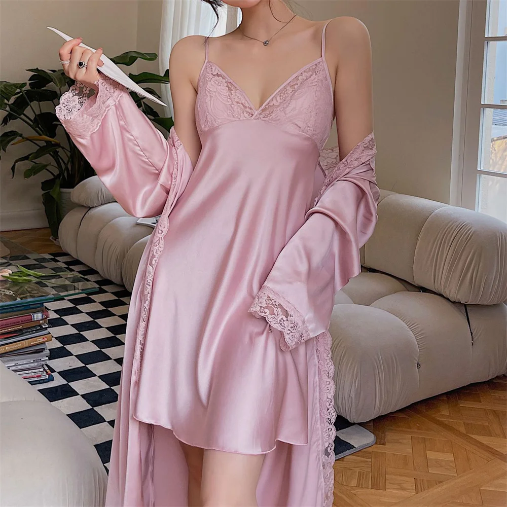 

Two Piece Set Sexy Patckwork Lace Bathrobe Female Nighty&Robe Suspender Nightdress Nightgown Casual Rayon Home Wear Sleepwear