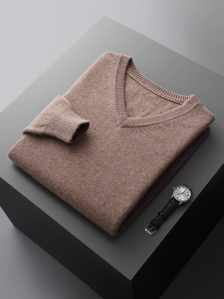 

Men's V-Neck Merino Wool Sweater Thick Solid Pullovers Loose Knit Base Shirt Business Casual Jacket Tops Autumn Winter New