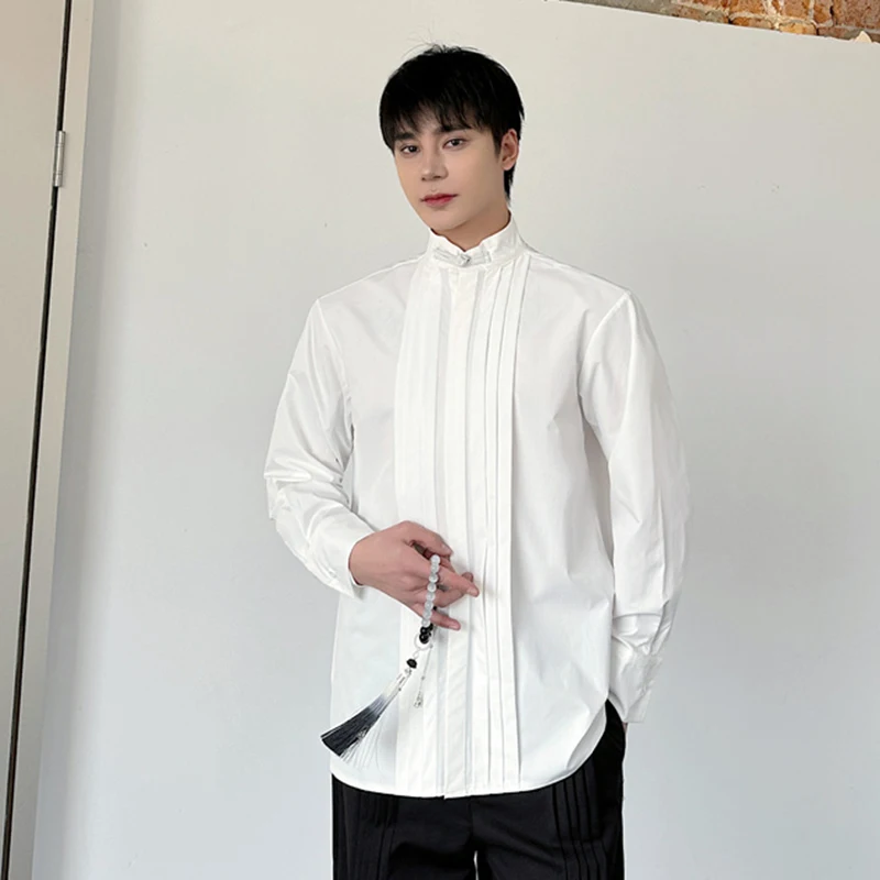 IEFB Versatile Stand Collar Male Shirt New Chinese Style Minimalist Men Clothing Temperament Loose Men\'s Top Solid Color 9C6973