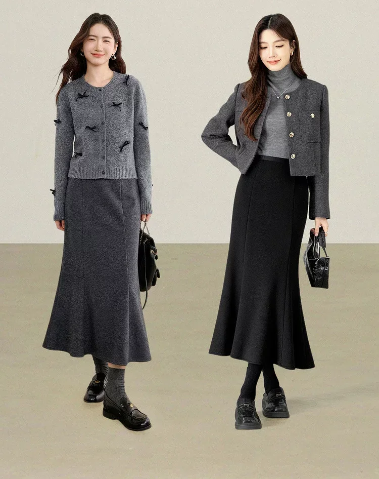 SENTUBILA Damen Schwarzer Rock aus Wolle mit Fleece-Futter, Gestrickter Midi-Fischschwanzrock 2026 Winter Elegante Damen-Strickware 154QH4700 – Detail 11