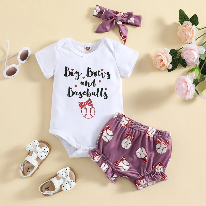 

3 Pcs Newborn Casual Outfits Toddler Letter Print Short Sleeve Round Neck Bodysuit Baseball Print Shorts Bow Headband