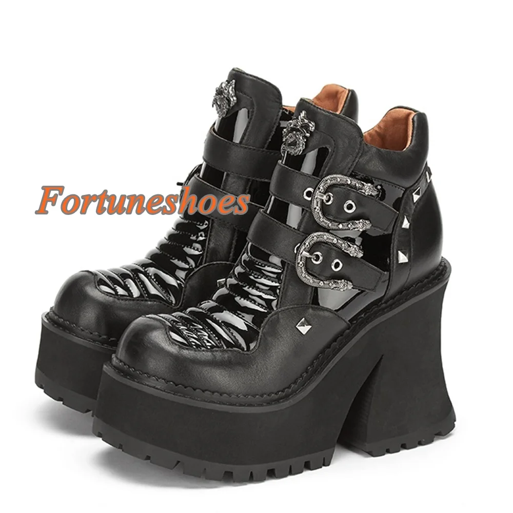 Metal Decoration Belt Buckle Boots Platform Mid Calf Side Zipper Round Chunky High Heel Boots Casual Fashion 2025 Newest Boots