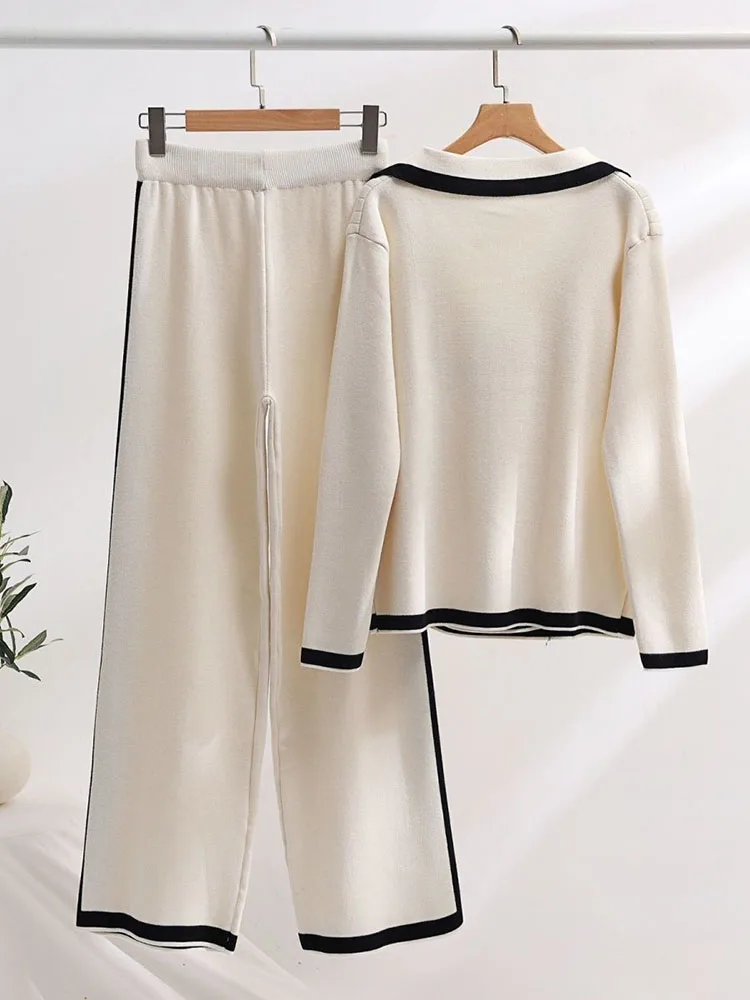 Short Knit Sweater 2 Pieces Sets Double Breasted Knitwear Cardigan Tops Conjuntos High Waist Wide Leg Ankle-length Pants Suits