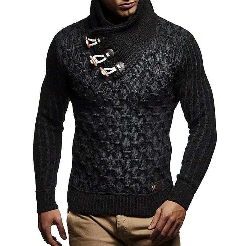 

New men's autumn and winter elegant and fashionable versatile leather buckle high neck knitted pullover sweater for men