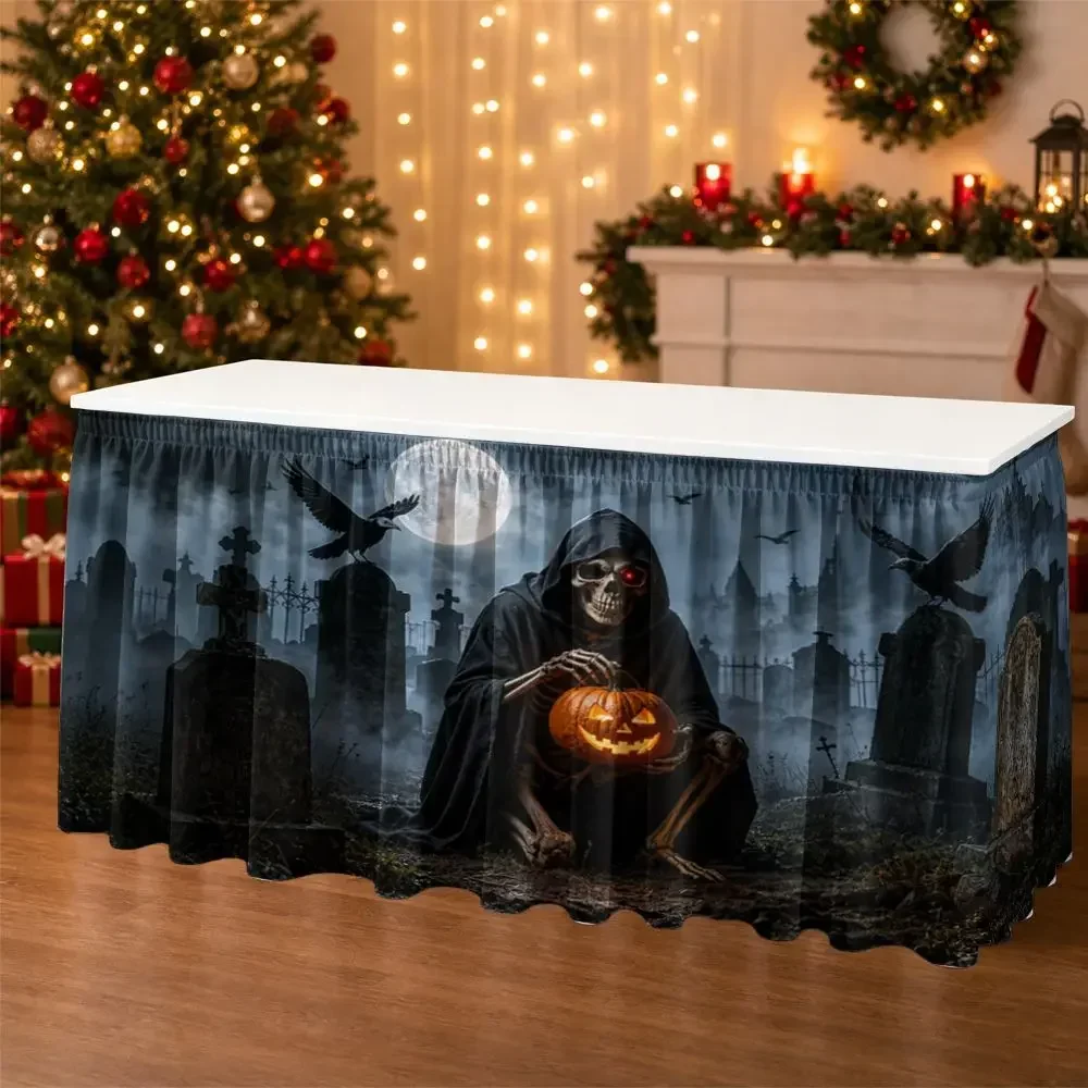 One Halloween party table skirt, a 2D flat design of the Grim Reaper holding a glowing pumpkin pattern.