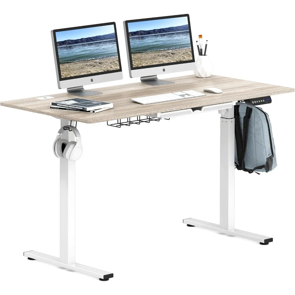 

55 x 28 Inches Electric Height Adjustable Standing Desk with Drawer and Memory Preset, Maple