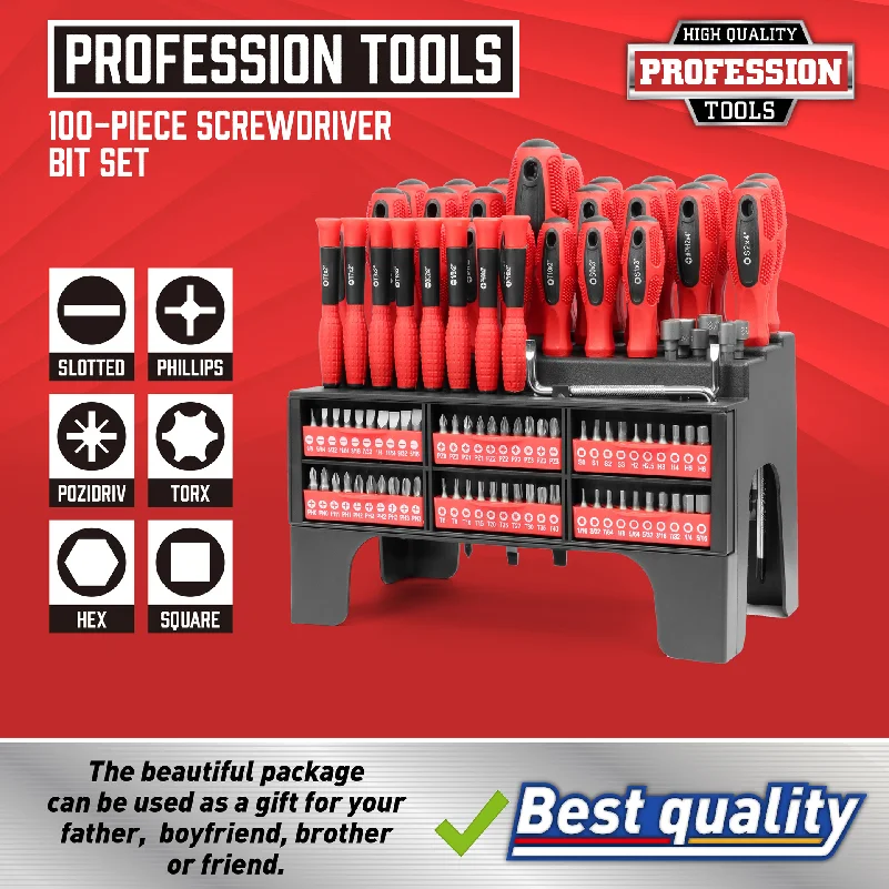 100-piece plastic rack magnetic screwdriver set, including precision screwdrivers, bits, and a magnetizer