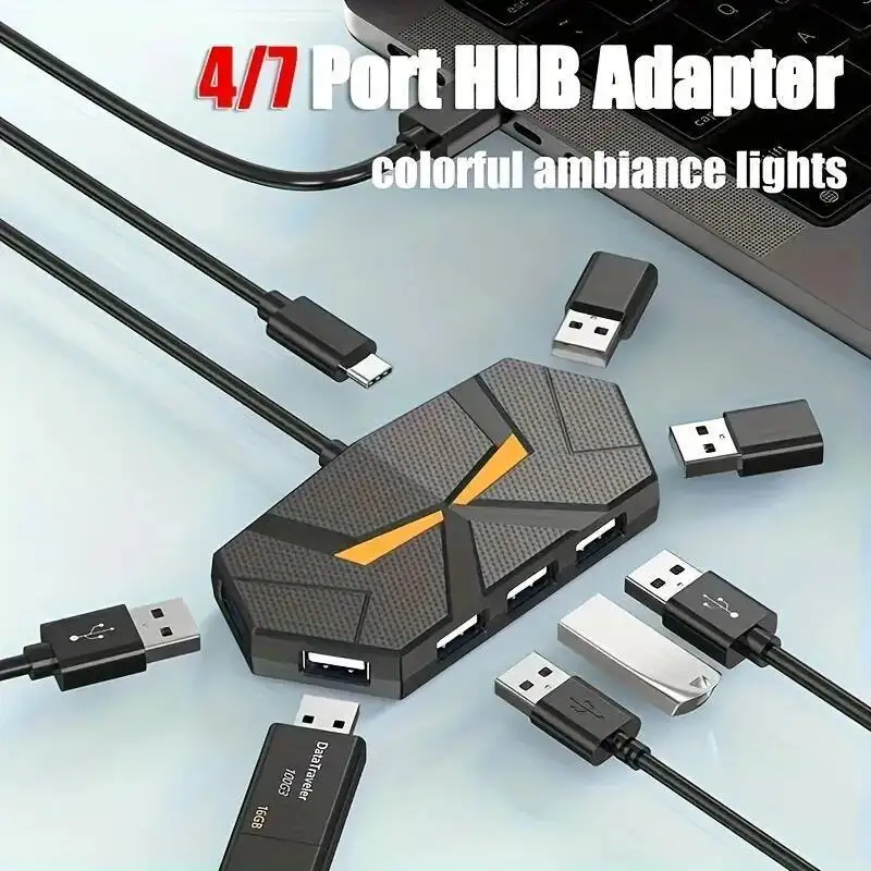 

Mecha 7 Ports USB 2.0 HUB Splitter RGB Luminous Ambient Light 1 to More Turns Expansion For Laptop Computer PC with Power Supply