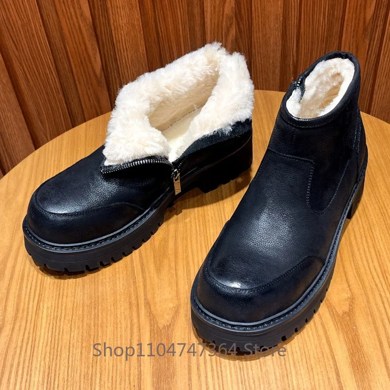 Genuine Leather Winter Snow Boots Men's Wool Fur Lined Side Zipper Thick Sole Non‑Slip Warm Ankle Boots Outdoor Hiking Shoes
