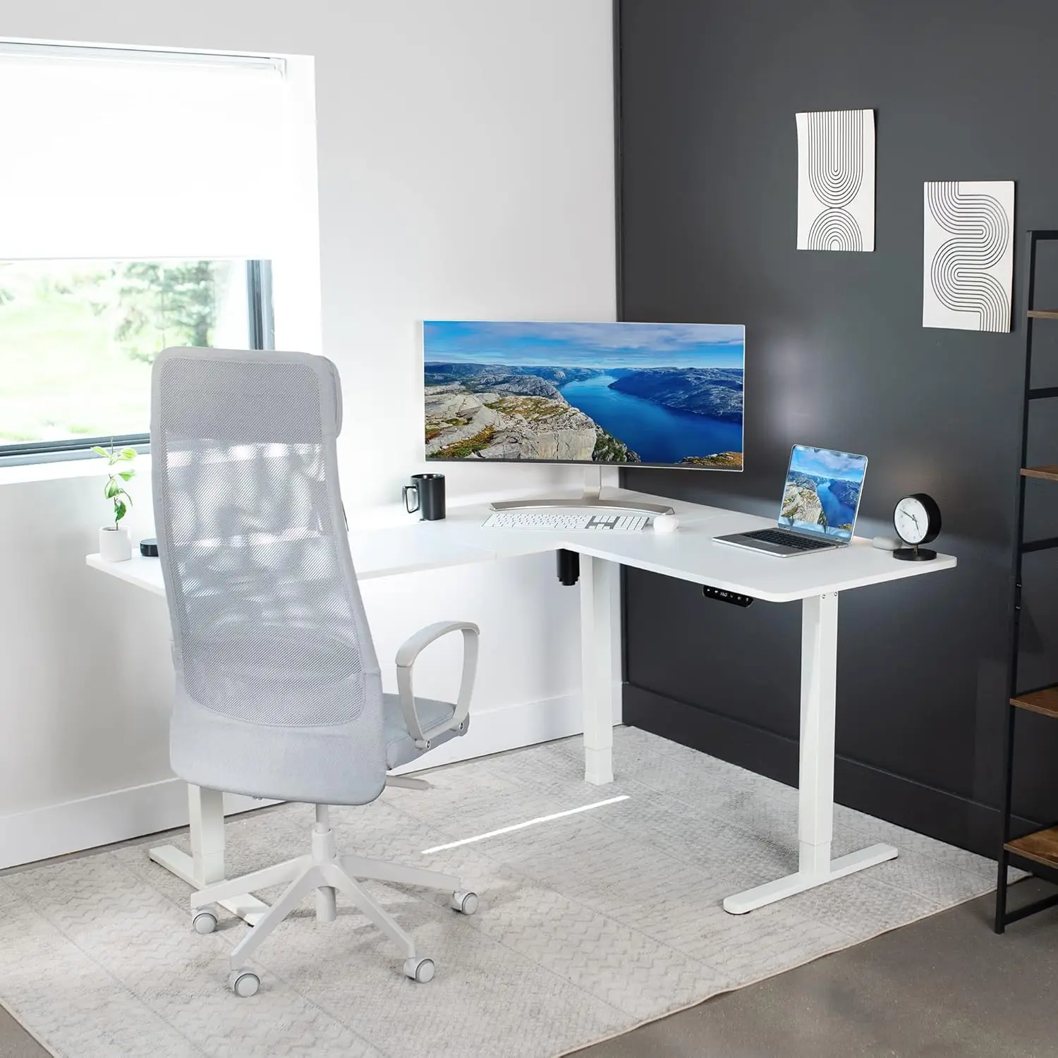 

Electric Corner L-Shaped 63 x 55 inch Standing Desk, Height Adjustable, Memory Controller, White Top White Frame