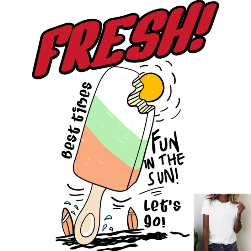 Summer Fun Ice Cream & Letter Print Heat Transfer White Ink Iron - on Patch, Suitable for T - shirts & Canvas Bags, Casual