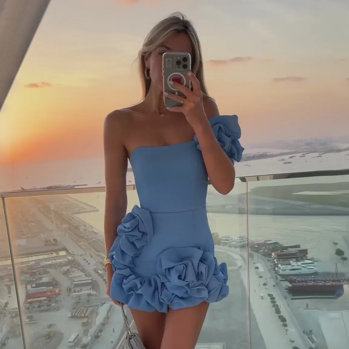 

Fmxies New Women's Solid Color Flower One Shoulder Strapless Dress 2025 Autumn Fashion Backless Sleeveless Dresses Female